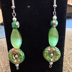 Hand Crafted Green Cloisonné and Glass Bead Earrings